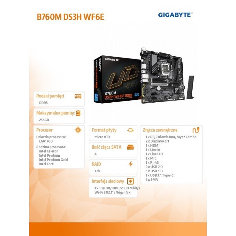 Płyta główna B760M DS3H WF6E GEN5 s1 700 4DDR5 HDMI/DP mATX 