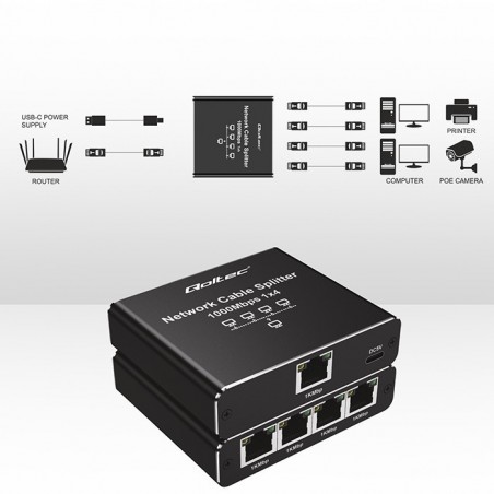 Rozdzielacz splitter Ethernet mini SWITCH 1x4 RJ45 | 1000Mb/s | USB-C | Aluminium Rozdzielacz splitter Ethernet mini SWITCH 1x4 RJ45 | 1000Mb/s | USB-C | Aluminium