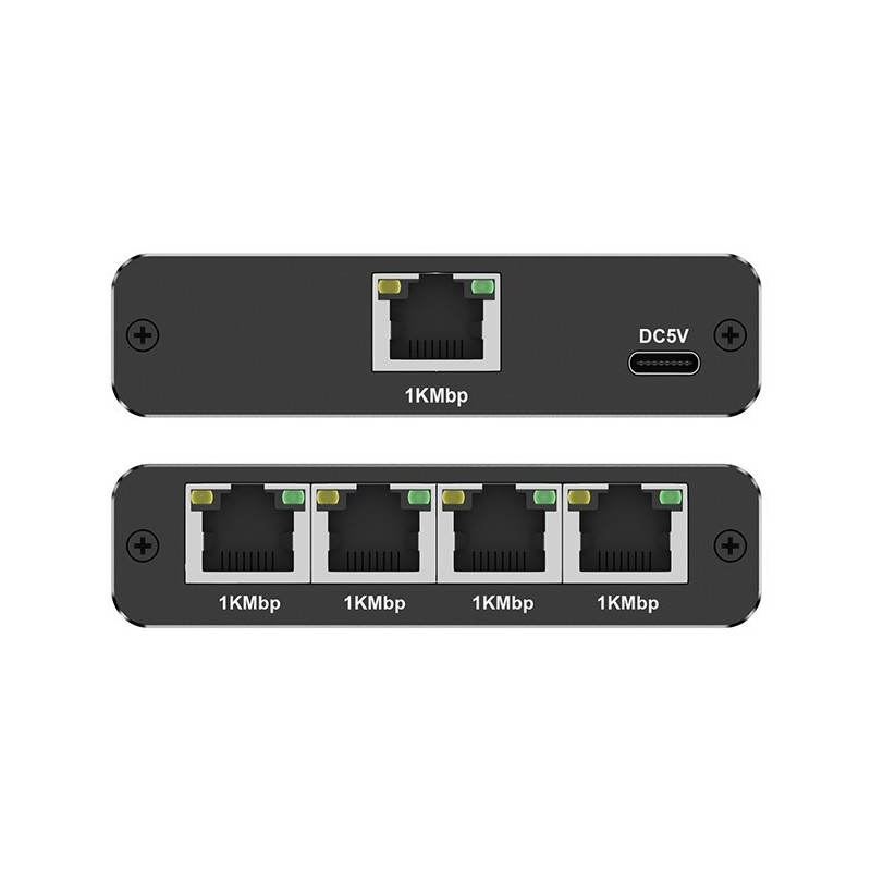 Rozdzielacz splitter Ethernet  mini SWITCH 1x4 RJ45 | 1000Mb/s | USB-C | Aluminium 