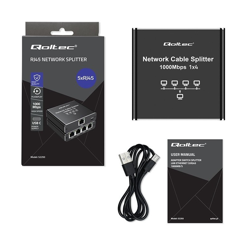 Rozdzielacz splitter Ethernet  mini SWITCH 1x4 RJ45 | 1000Mb/s | USB-C | Aluminium 