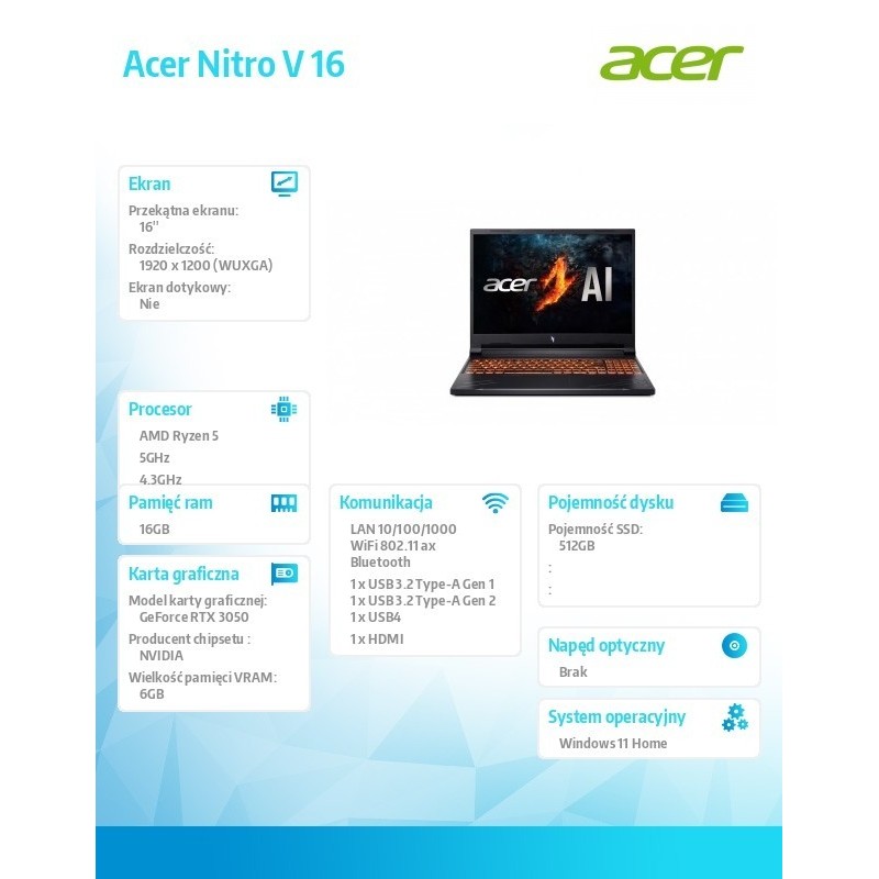 Notebook ANV16-41-EP Win11H/R5-8645HS/16GB/512GBSSD/RTX3050/16.0cali