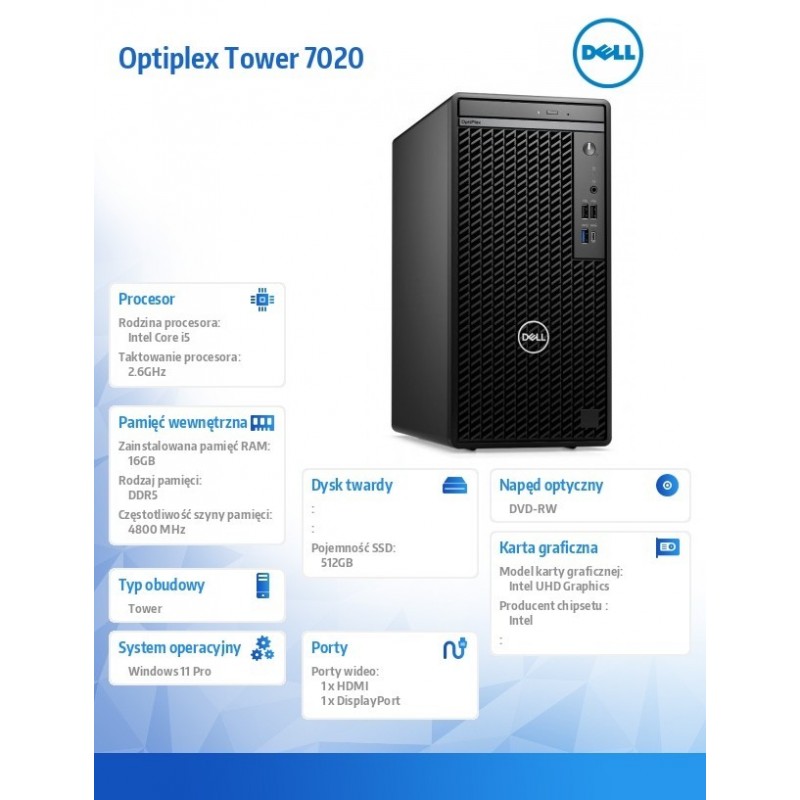Komputer OptiPlex Tower 7020 W11Pro i5-14500 vPro/16GB/512GB/Int/DVD RW/Wireless Kb & Mouse/300W/3YPS 