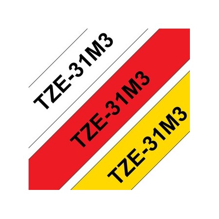 Brother oryginalny taśma do drukarek etykiet, Brother, TZE-31M3, czarny druk/czerwony, biały, żółty podkład, laminowane, 8 Brother oryginalny taśma do drukarek etykiet, Brother, TZE-31M3, czarny druk/czerwony, biały, żółty podkład, laminowane, 8