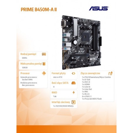Płyta główna PRIME B450M-A II AM4 DDR4 HDMI/DVI/DSUB/M.2 mATX Płyta główna PRIME B450M-A II AM4 DDR4 HDMI/DVI/DSUB/M.2 mATX