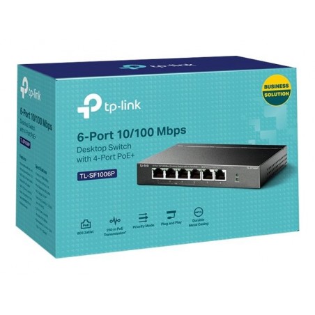 TP-LINK TL-SF1006P 6-Port 10/100Mbps Steel Desktop Switch with 4-Port PoE+ 67W PoE budget (P) TP-LINK TL-SF1006P 6-Port 10/100Mbps Steel Desktop Switch with 4-Port PoE+ 67W PoE budget (P)
