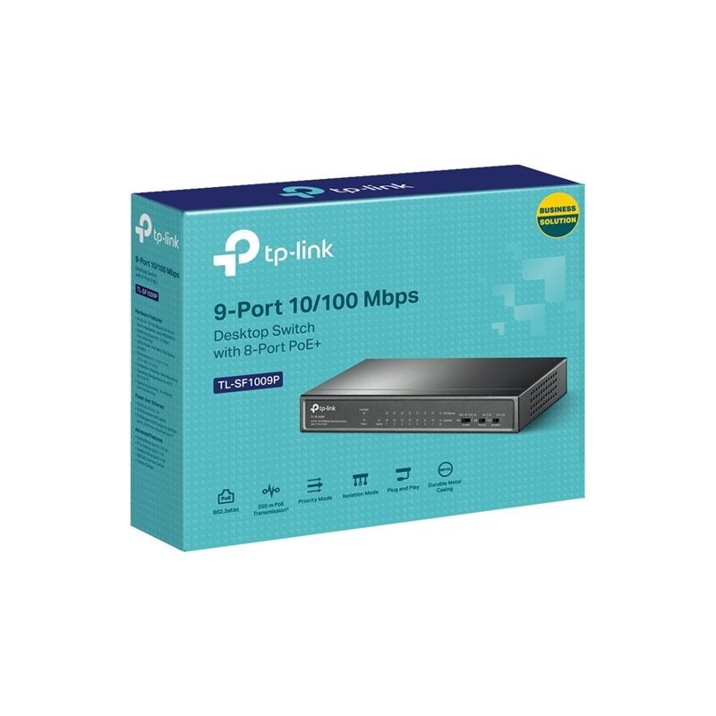 TP-LINK TL-SF1009P PoE+ Switch 8x 10/100Mbps PoE+ + 1x RJ45 10/100 Non-PoE 65W 802.3at/af Desktop Steel Case (P)