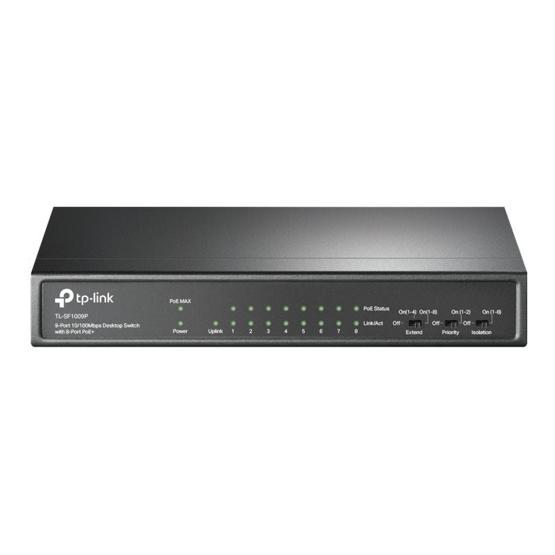TP-LINK TL-SF1009P PoE+ Switch 8x 10/100Mbps PoE+ + 1x RJ45 10/100 Non-PoE 65W 802.3at/af Desktop Steel Case (P)