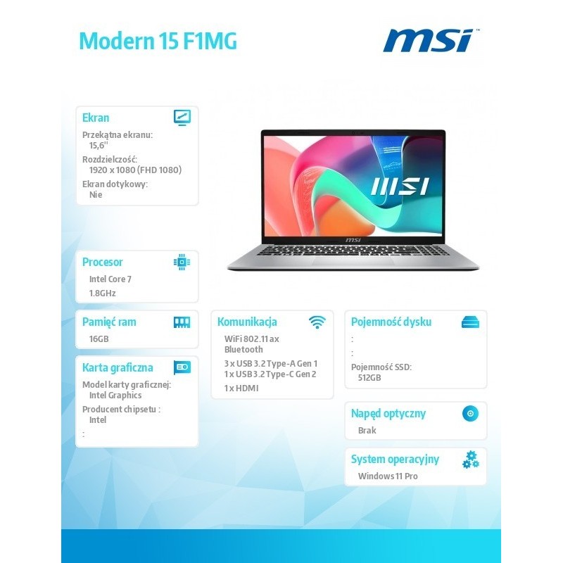 Notebook Modern 15 F1MG-663PL WIN11PRO/IC7-150U/16GB/512SSD/Int/15.6''/3Y 