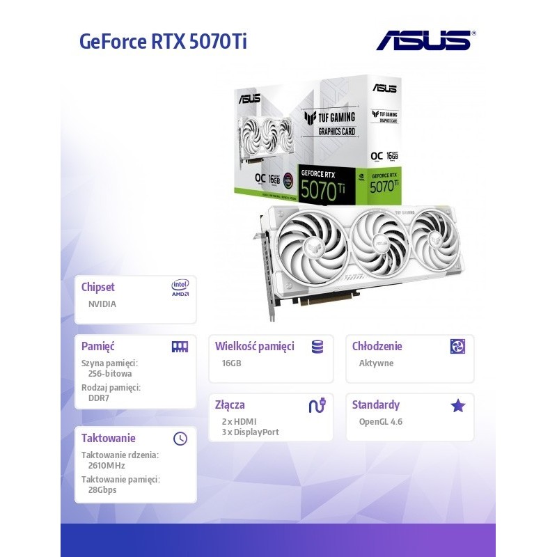 Karta graficzna GeForce RTX 5070Ti TUF GAMING OC WHITE GDDR7 256bit 3DP/2HDMI