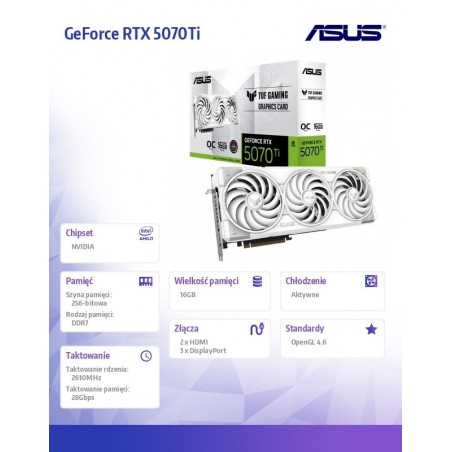 Karta graficzna GeForce RTX 5070Ti TUF GAMING OC WHITE GDDR7 256bit 3DP/2HDMI Karta graficzna GeForce RTX 5070Ti TUF GAMING OC WHITE GDDR7 256bit 3DP/2HDMI