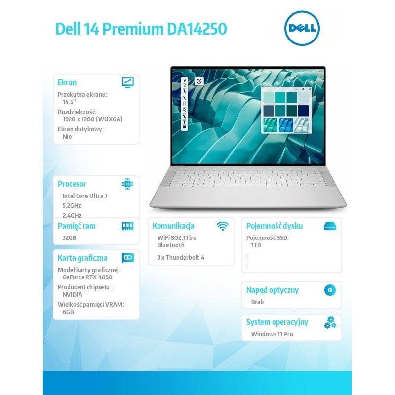 Laptop Dell 14 Premium DA14250 Win11Pro U7-255HX|32GB|1TB SSD|Nvidia RTX 4050 |WLAN + BT|14.5 FHD|Backlit Kb|6 Cell|100W Laptop Dell 14 Premium DA14250 Win11Pro U7-255HX|32GB|1TB SSD|Nvidia RTX 4050 |WLAN + BT|14.5 FHD|Backlit Kb|6 Cell|100W
