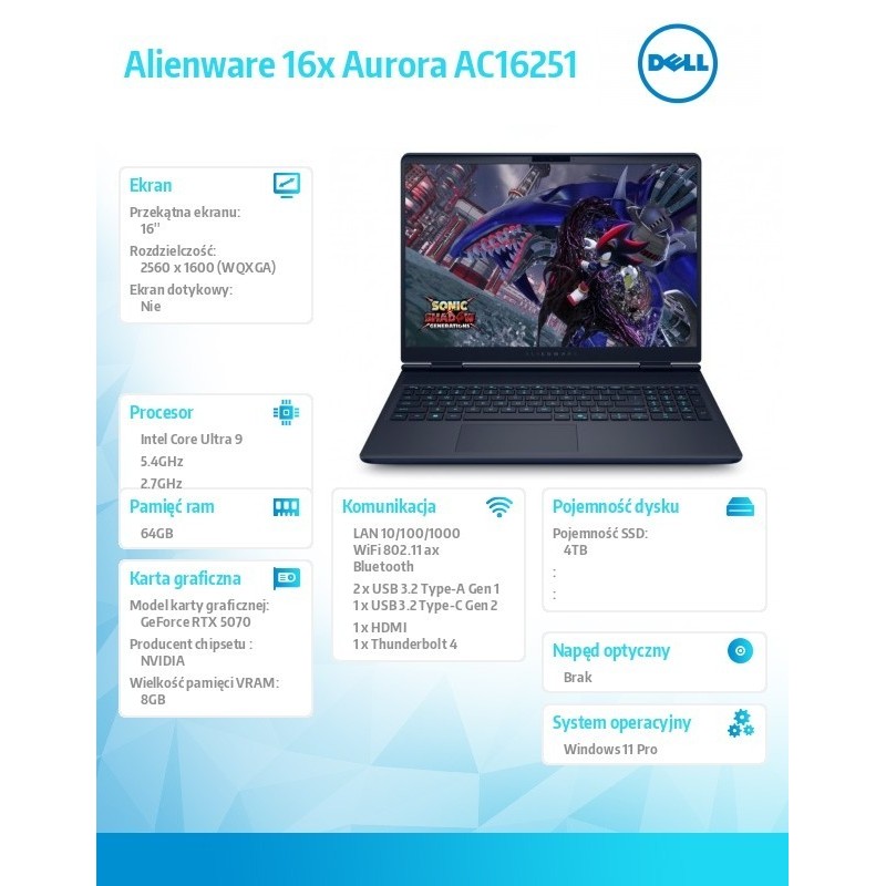 Laptop Alienware 16x Aurora AC16251 Win11Pro C9 275HX/64GB/4TB SSD/16.0 WQXGA/GeForce RTX 5070/WLAN + BT/RGB Backlit Kb/6 Cell/2 Laptop Alienware 16x Aurora AC16251 Win11Pro C9 275HX/64GB/4TB SSD/16.0 WQXGA/GeForce RTX 5070/WLAN + BT/RGB Backlit Kb/6 Cell/2