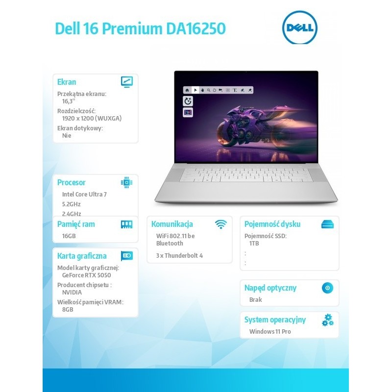Laptop Dell 16 Premium DA16250 Win11Pro U7-255HX|16GB|1TB SSD|NVIDIA GeForce RTX 5050, 8GB GDDR7| WLAN + BT|16.3 FHD|Backlit Kb|