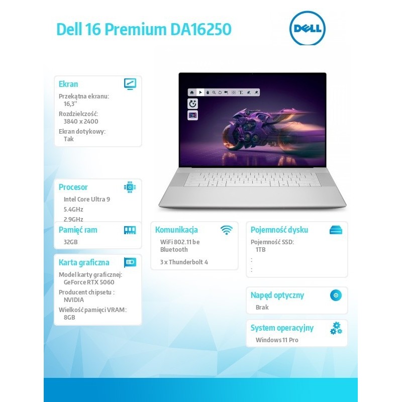 Laptop Dell 16 Premium DA16250 Win11Pro|U9-285H|32GB|1TB SSD|NVIDIA GeForce RTX 5060, 8GB GDDR7 |WLAN + BT|16.3 OLED Touch|Backl