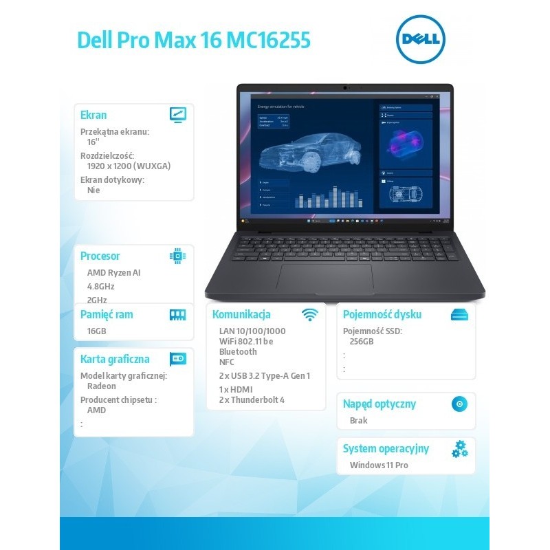 Laptop Dell Pro Max 16 MC16255 Win11Pro AMD Ryzen 340|16GB|256GB|FgrPr&SmtCd|FHD Cam&Mic|WLAN+BT|16.0 FHD+|4 Cell|100W/3Y ProSup