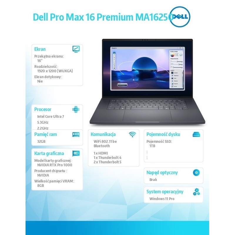 Laptop Dell Pro Max 16 Premium MA16250 Win11Pro U7-265H|32GB|1TB|RTX PRO 1000Blackwell 8GB GDDR7|FgrPr|Cam&Mic|WLAN+BT|16.0 FHD+