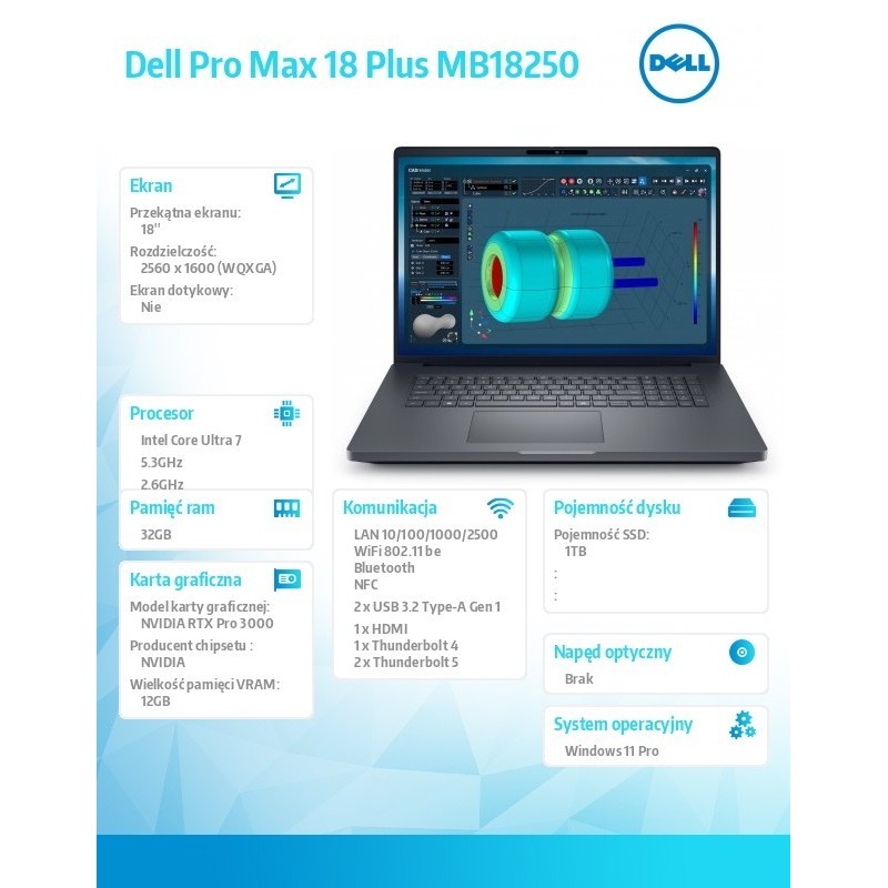 Laptop Dell Pro Max 18 Plus MB18250 W11P U7-265HX|32GB|1TB|Nvidia RTX PRO 3000|FgrPr & SmtCd|Cam|WLAN + BT|18.0 QHD+|Backlit Kb| Laptop Dell Pro Max 18 Plus MB18250 W11P U7-265HX|32GB|1TB|Nvidia RTX PRO 3000|FgrPr & SmtCd|Cam|WLAN + BT|18.0 QHD+|Backlit Kb|