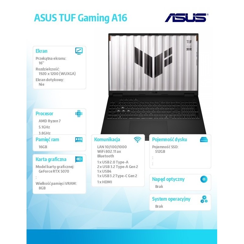 Notebook TUF Gaming A16 FA608UP-R7165 nOS R7-260 16GB/512GB/5070 Notebook TUF Gaming A16 FA608UP-R7165 nOS R7-260 16GB/512GB/5070
