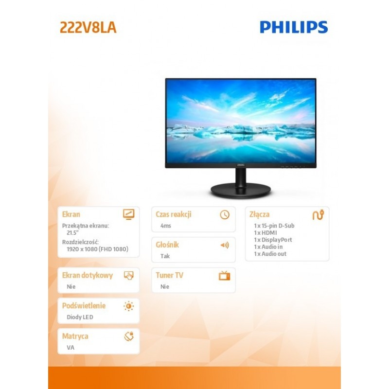 Monitor 222V8LA 21.5 cala VA HDMI DP Głośniki