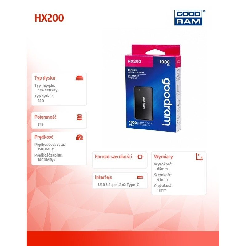 Dysk SSD HX200 1TB USB-C+A 1500/1400MB/s czarny