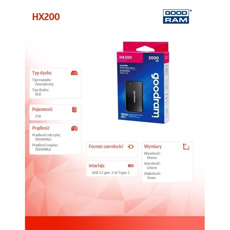 Dysk SSD HX200 2TB USB-C+A 1600/1500MB/s czarny Dysk SSD HX200 2TB USB-C+A 1600/1500MB/s czarny