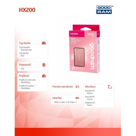Dysk SSD HX200 2TB USB-C+A 1600/1500MB/S różowe złoto Dysk SSD HX200 2TB USB-C+A 1600/1500MB/S różowe złoto